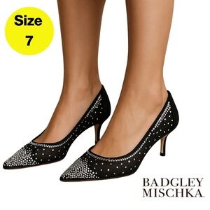 BADGLEY MISCKA 🤍 Elegant Black Kitten Heels, Black Mesh, Diamond (size 7)